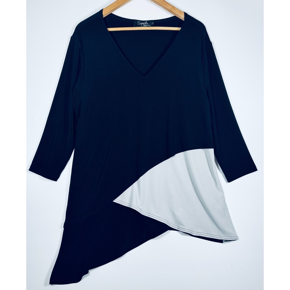 Sympli Womens Size 16 Black White Asymmetrical Tunic Top V Neck Stretch Canada